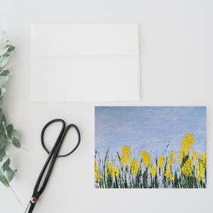 Floral notecards, set of 8, 2 of each design, Yellow flowers on green stems, sky blue background