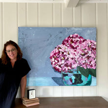 Load image into Gallery viewer, 36&quot;x 48&quot; painting of pink hydrangeas in glass vase.  Light blue background.  Emily Kurth artist.