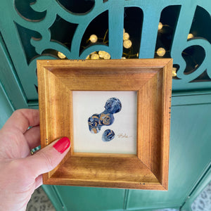 paint drip minis. Navy, light blue, white, gold paint, and gold leaf in brushed gold frame. Emily Kurth artist