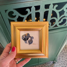 Load image into Gallery viewer, paint drip minis. Navy, light blue, white, gold paint, and gold leaf in brushed gold frame. Emily Kurth artist