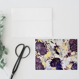 Floral notecards, set of 8, 2 of each design, Dark purple hydrangeas and gold leaf