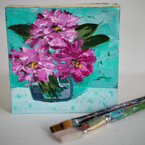 Original painting of rhododendrons in vase.  Blues, pinks, and greens.  Gold leaf edges.  8"x8".  Emily Kurth, artist