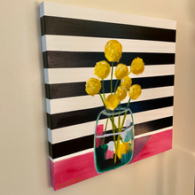 Load image into Gallery viewer, 24&quot; x 24&quot; acrylic on canvas. Vase of yellow billy button flowers on pink table on black and white horizontal stripe background by West Virginia artist Emily Kurth.