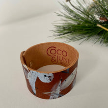 Load image into Gallery viewer, saddle leather cuff bracelet. Painted light blue, white, navy. Brass closure, abstract art