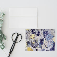 Load image into Gallery viewer, Floral notecards, set of 8, 2 of each design,light purple hydrangeas and gold leaf