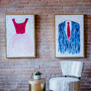 When a man loves a woman paintings.  Acrylic on canvas.  Gold floater frames.  24" by 36"  Fuschia and light pink cocktail dress, navy blue suit and fuschia tie, gold leaf.  Emily Kurth, artist.  Morgantown, West Virginia.