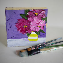 Load image into Gallery viewer, Original painting of rhododendrons in vase.  Blues, pinks, and greens.  Gold leaf edges.  8&quot;x8&quot;.  Emily Kurth, artist
