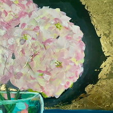 Load image into Gallery viewer, 24&quot; x 36&quot; acrylic on canvas. Vase of pink hydrangeas on black and charcoal background with gold leaf by West Virginia artist Emily Kurth