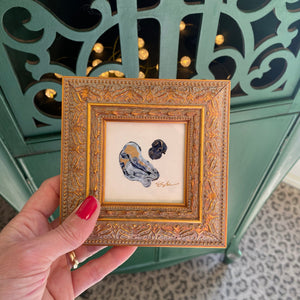 paint drip minis. Navy, light blue, white, gold paint, and gold leaf in brushed gold frame. Emily Kurth artist
