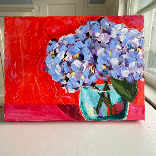 Poppy orange, pink background. Purple and periwinkle hydrangeas in a turquoise vase by abstract artist Emily Kurth. Morgantown West Virginia artist.