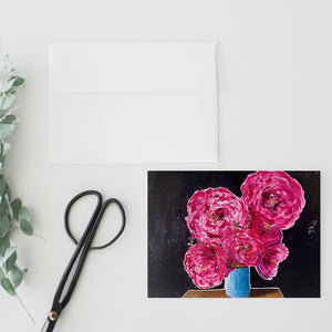 Floral notecards, set of 8, 2 of each design, fuchsia peonies in teal vase, black background