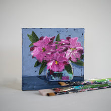 Load image into Gallery viewer, Original painting of rhododendrons in vase.  Blues, pinks, and greens.  Gold leaf edges.  8&quot;x8&quot;.  Emily Kurth, artist