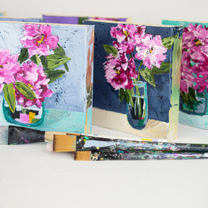 Original painting of rhododendrons in vase.  Blues, pinks, and greens.  Gold leaf edges.  8"x8".  Emily Kurth, artist