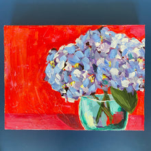 Load image into Gallery viewer, 12&quot; by 16&quot; acrylic painting on canvas.  Poppy orange, pink background.  Purple and periwinkle hydrangeas in a turquoise vase by abstract artist Emily Kurth.  Morgantown West Virginia artist.