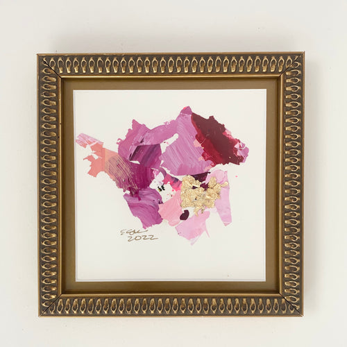 Pink paint chips in abstract art.  Brushed gold frame. 7