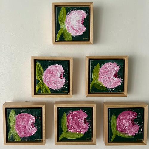 6 hand painted peony paintings, ombre shading in maple floater frame.  Emily Kurth artist.