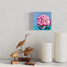 Load image into Gallery viewer, pink hydrangea on light blue background in vase by artist Emily Kurth