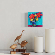 Load image into Gallery viewer, orange lilies on teal background in vase by artist Emily Kurth