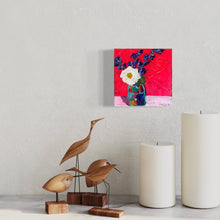 Load image into Gallery viewer, white poppy and purple delphiniums in vase by artist Emily Kurth