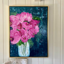 Load image into Gallery viewer, 36 inch by 48 inch painting, pink peonies and greenery on navy blue background.  Gold leaf.  Gold wood frame.