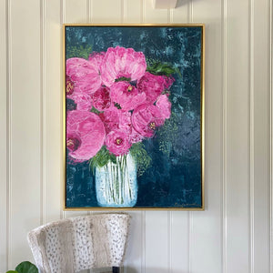 36 inch by 48 inch painting, pink peonies and greenery on navy blue background. Gold leaf. Gold wood frame.