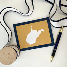 Load image into Gallery viewer, West Virginia note cards, set of 8, gold background, navy blue border