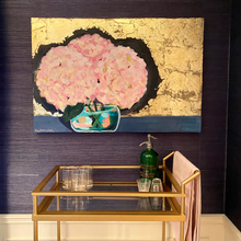 Load image into Gallery viewer, 24&quot; x 36&quot; acrylic on canvas. Vase of pink hydrangeas on black and charcoal background with gold leaf by West Virginia artist Emily Kurth