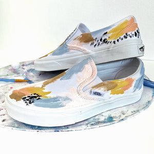 Abstract Hand painted Vans shoes, peach, sky blue, mustard, gold, abstract art
